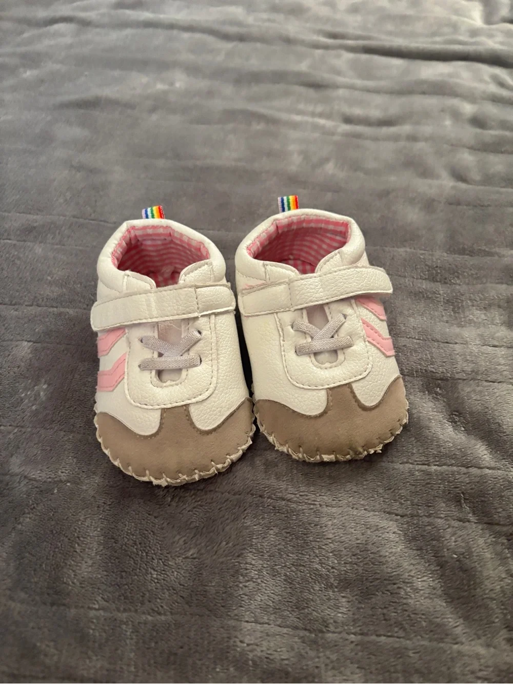 Amazon White and Pink Baby Walker Shoes with Tan Suede Toe